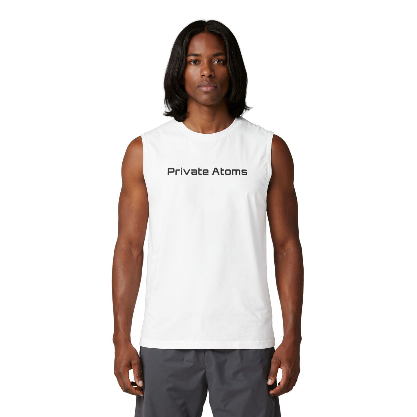 Sunglasses Graphic Muscle Tank – "Private Atoms" Minimalist Tee
